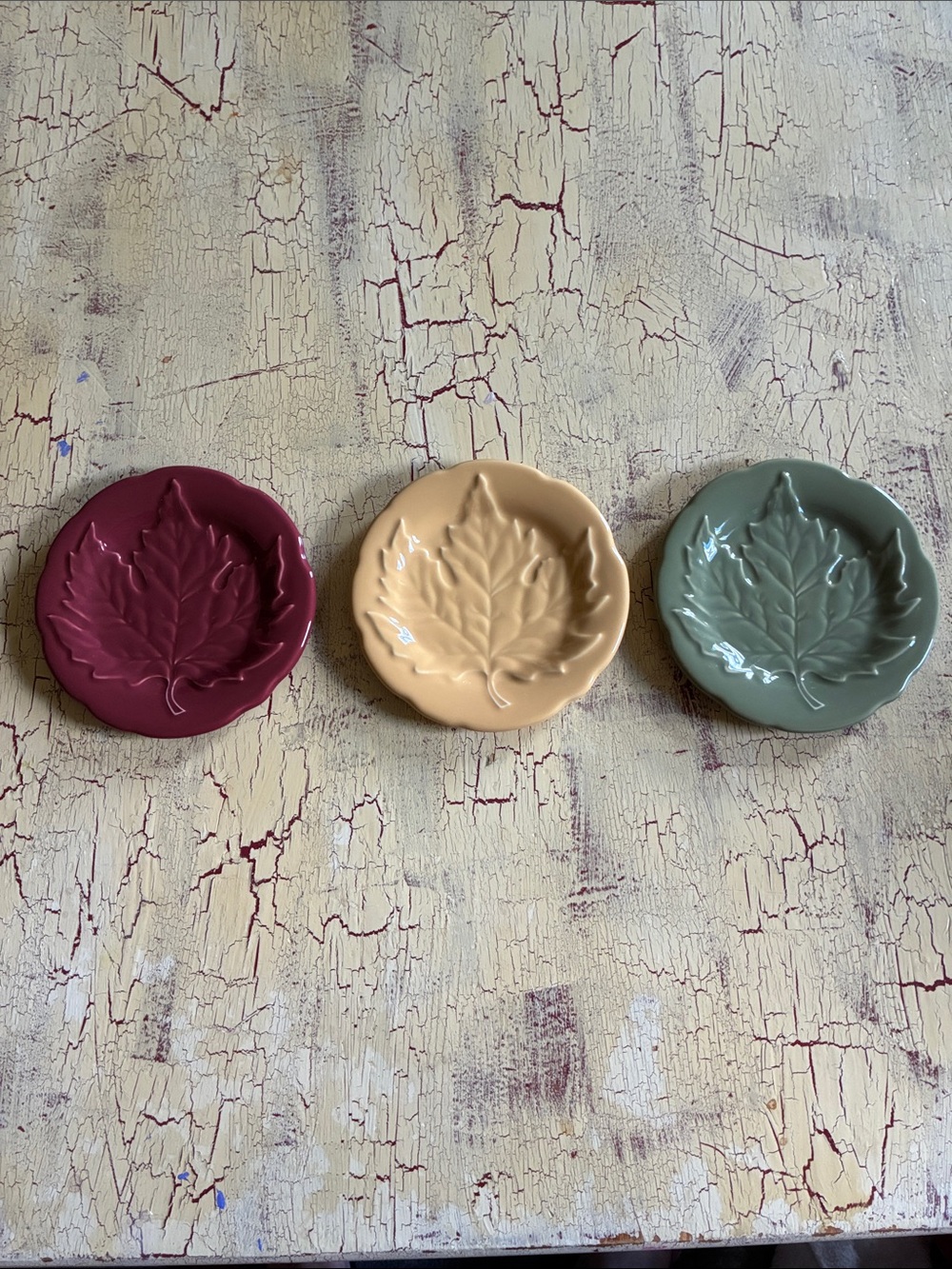 Vintage Longaberger Retired  Leaf Dishes in Burgundy, Yellow, and Sage